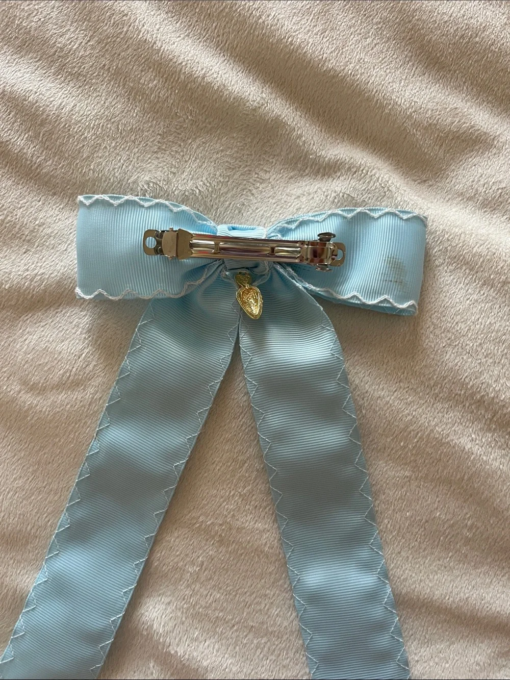 Light Blue Scalloped Ribbon Hair Bow with Orange Charm - Kids Accessories